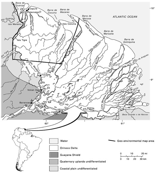 El Delta del Orinoco con subdivisiones geográcas.